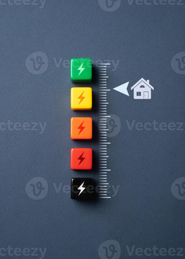 Home energy efficiency scale. Green technologies. Autonomy and self-sufficiency. Saving energy consumption. Reduced environmental impact. Low carbon emissions. photo