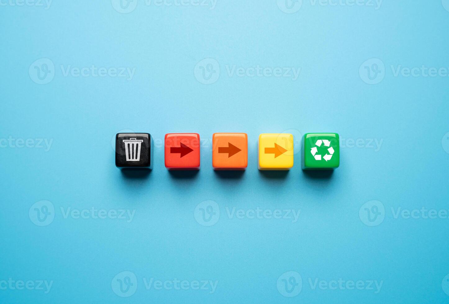 The scale ranges from discarded to completely recycled. Conserve natural resources, reduce waste, create jobs in recycling industry. Materials that are fully recyclable. Environment protection. photo