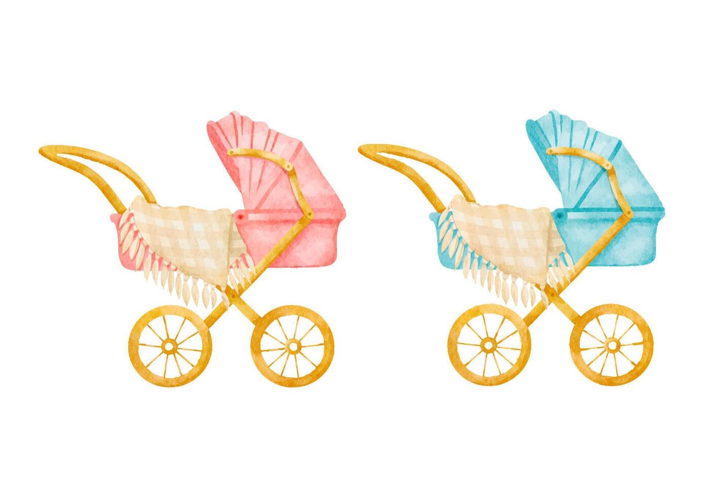 Baby pram design. Watercolor stroller in blue and pink color for boy and girl. illustration in cartoon style. Colorful concept of baby carriage vector