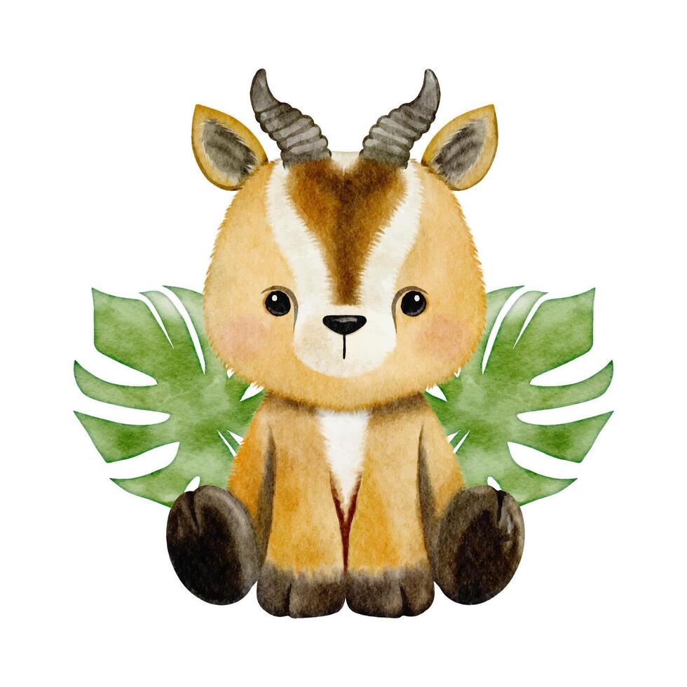 Watercolor baby Gazelle sitting in leaf wreath. Safari baby animal for wall art, nursery decorations, birthday invitations vector