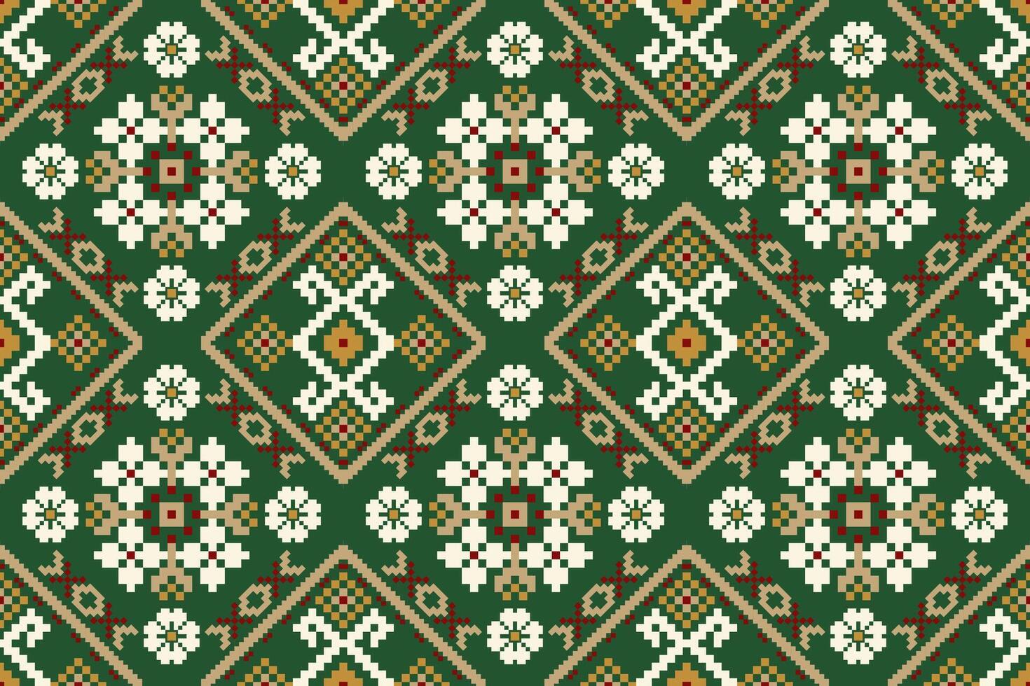 Geometric ethnic seamless pattern on green background vector