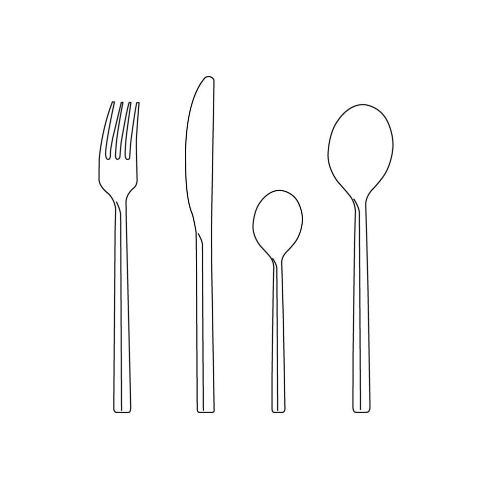 Kitchenware outline icon set, Fork, Knife, Small Spoon And Big Spoon, illustration vector