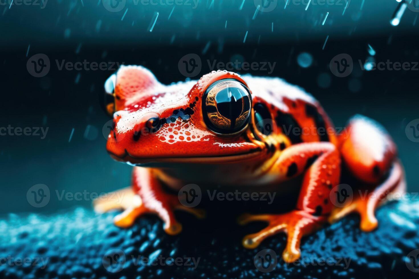 Red poison frog sitting in the rain drops and blurred background. photo