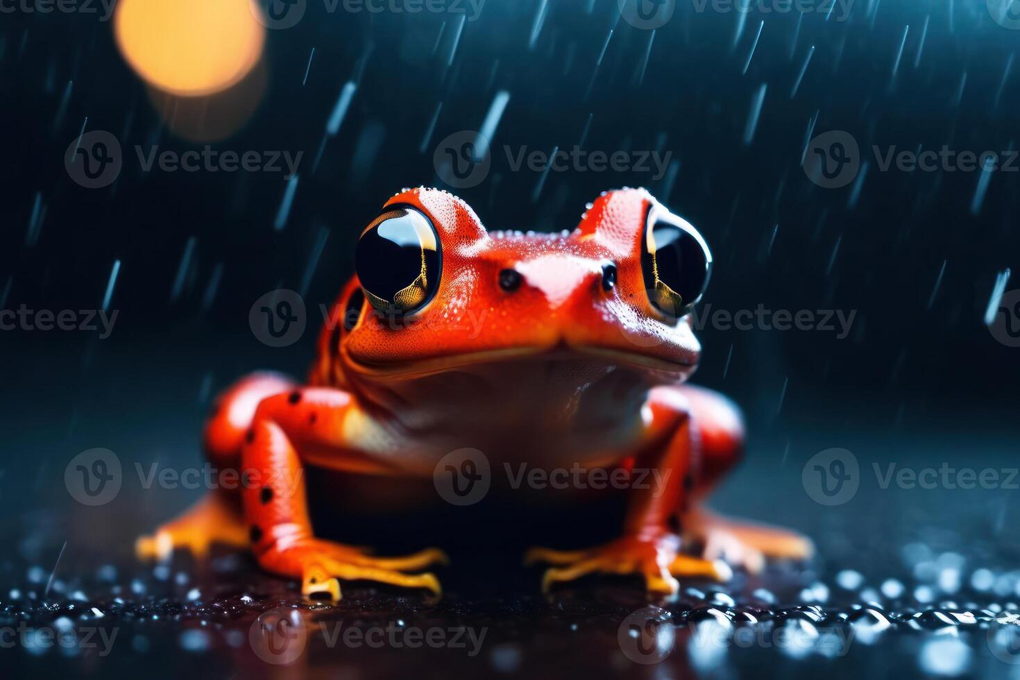 Red poison frog sitting in the rain drops and blurred background. photo