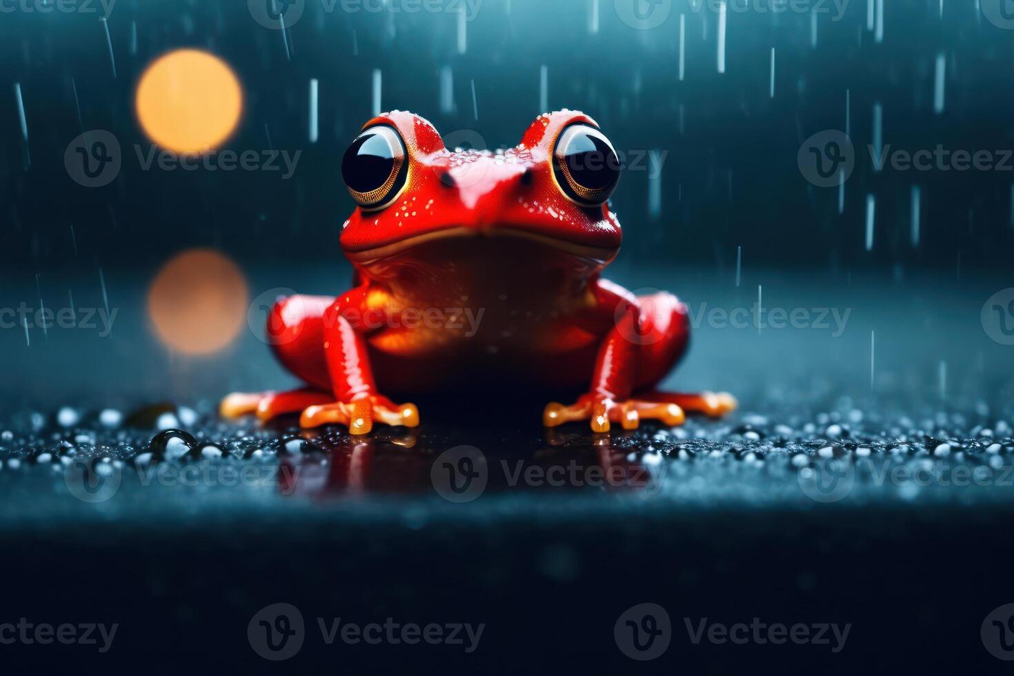 Red poison frog sitting in the rain drops and blurred background. photo