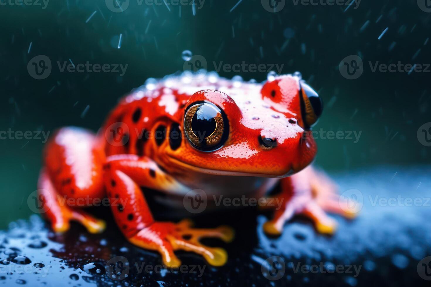 Red poison frog sitting in the rain drops and blurred background. photo