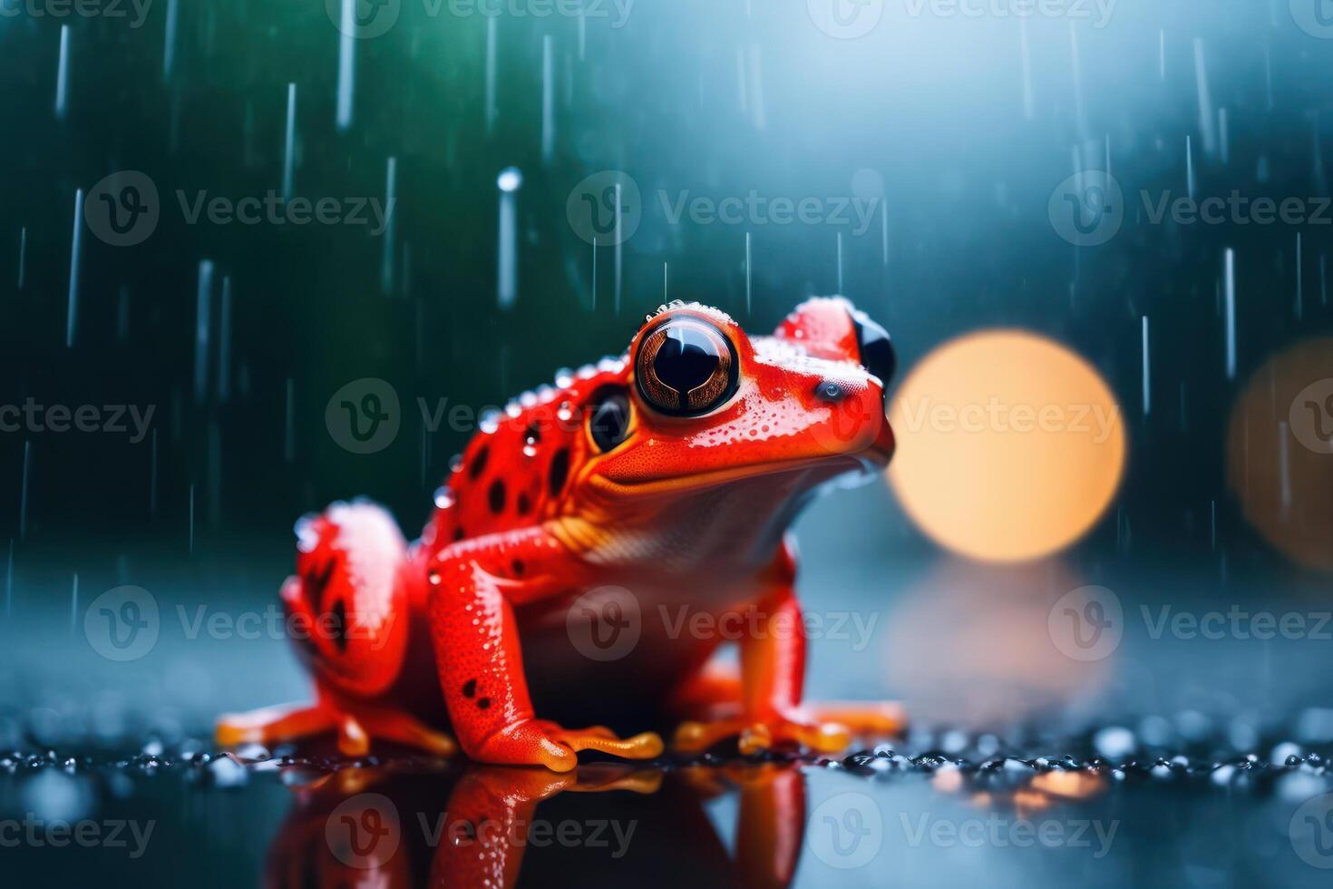 Red poison frog sitting in the rain drops and blurred background. photo