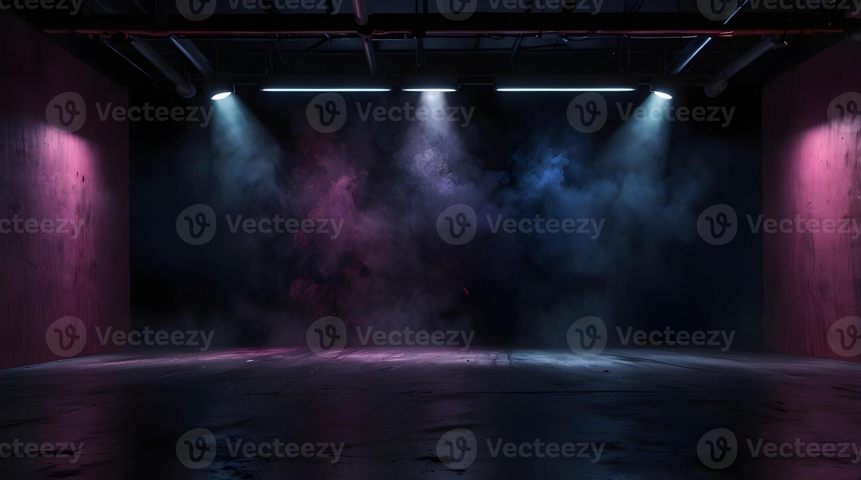 The stage is dark, with spotlights, neon lights, and an empty background of dark blue, purple, and pink. The studio area's smoke-filled interior texturing and the asphalt floor are perfect for photo