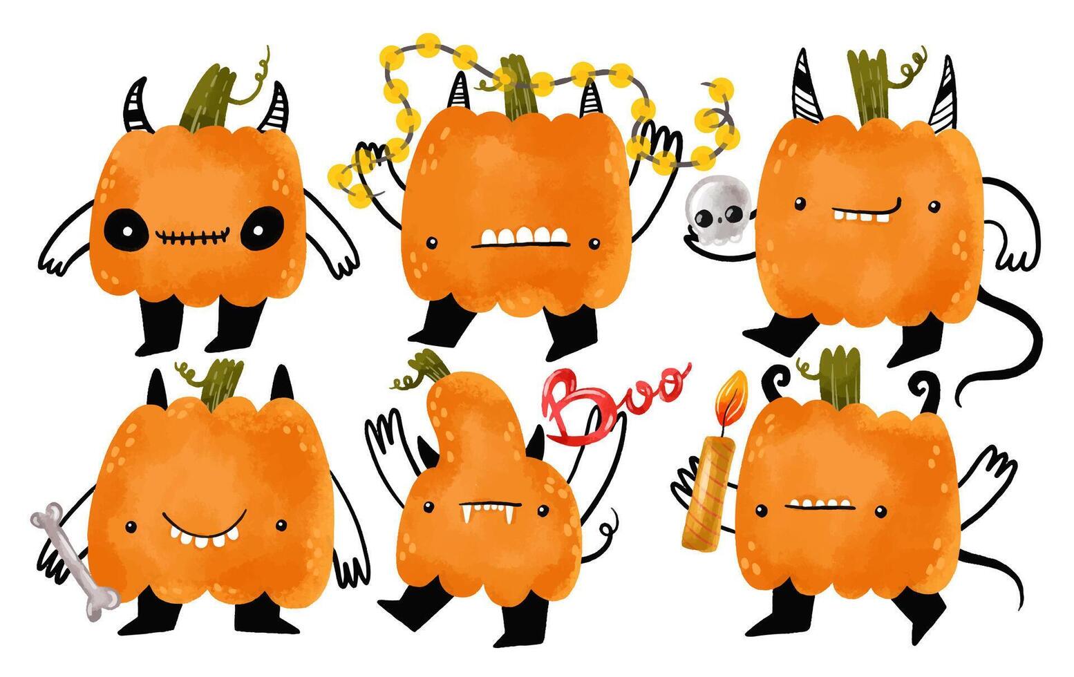 scary doodle pumpkins with skulls, garland, bones and candle. Horror halloween illustration on isolated background. Childish cartoon pumpkin vector