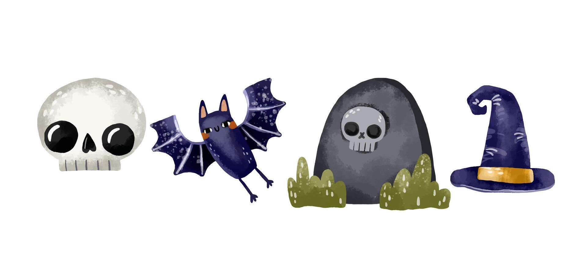 A scary set of drawings with a tombstone, ghost, pumpkin, skull, vector