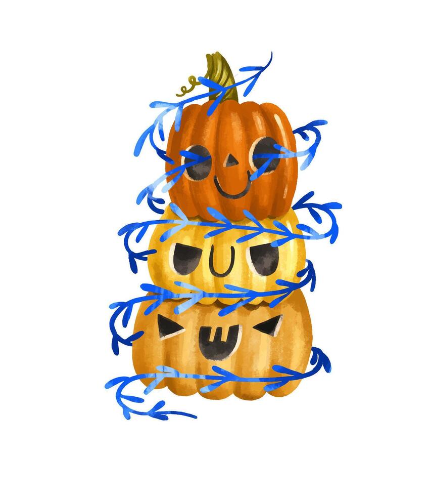 Set of Pumpkins with carved faces with bright blue leaves and br vector
