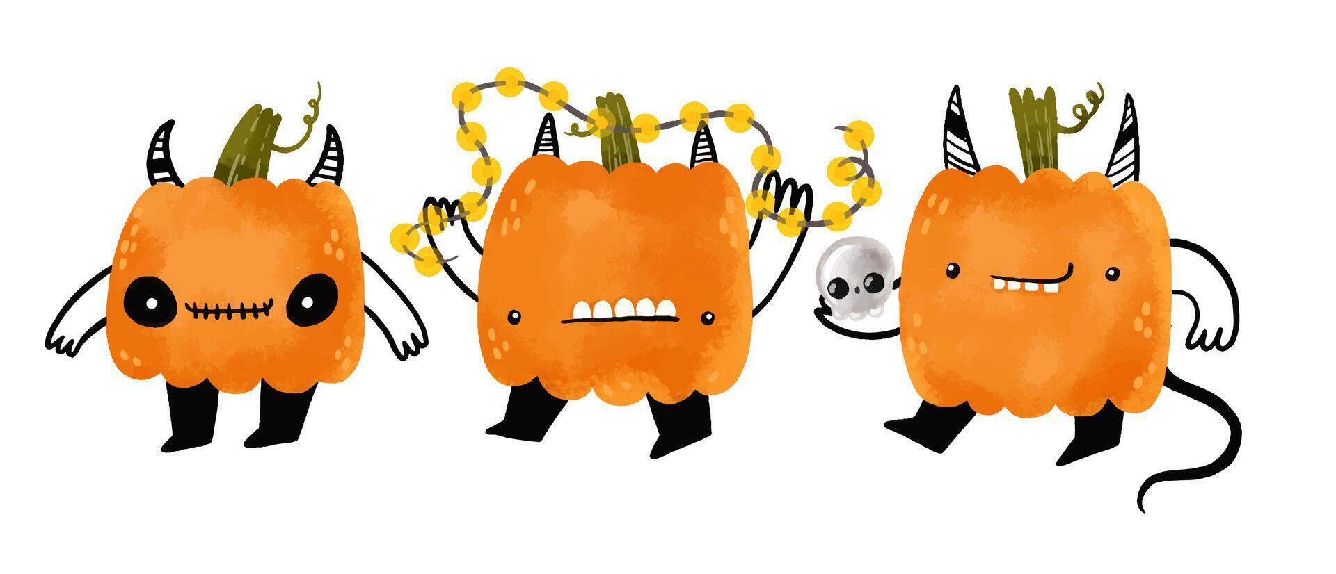 scary doodle pumpkins with skulls, garland, bones and candle. Horror halloween illustration on isolated background. Childish cartoon pumpkin vector