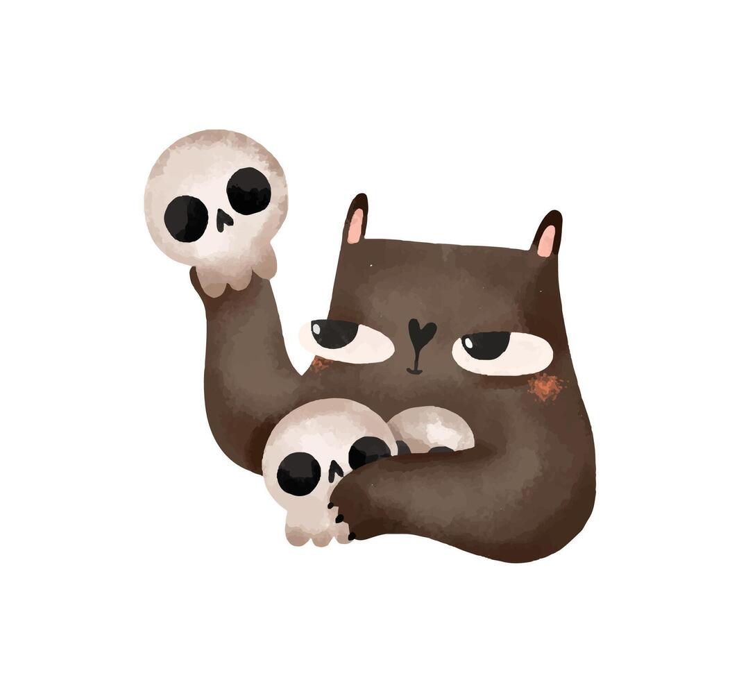 Set of portrait of black cats with human skull. Cartoon illustra vector