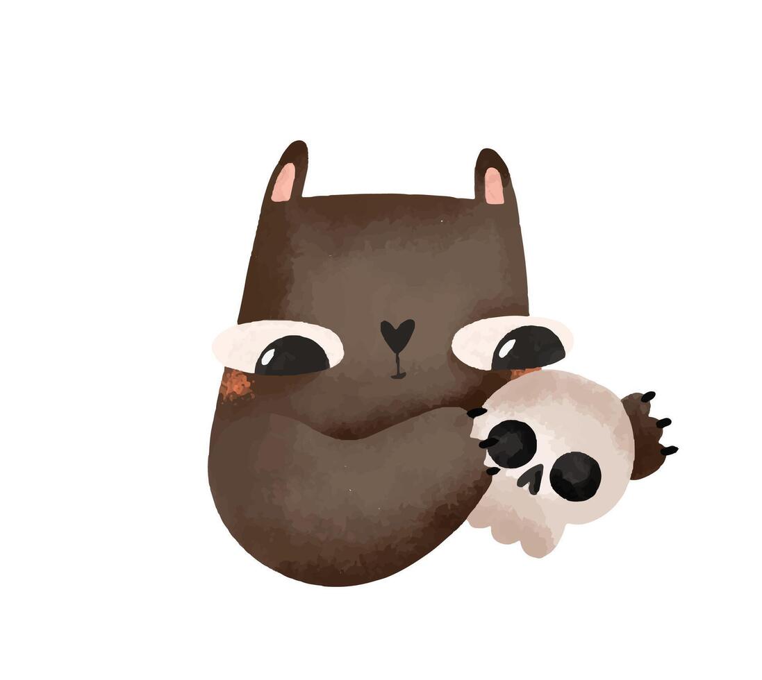 Set of portrait of black cats with human skull. Cartoon illustra vector