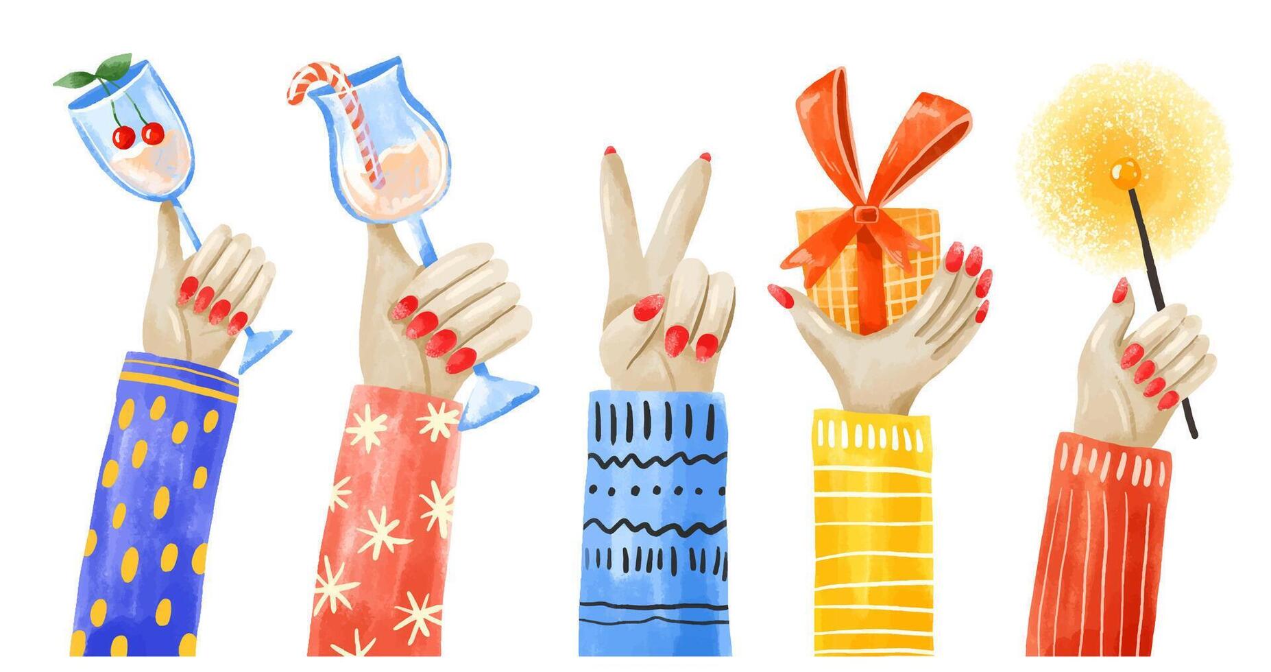 Cartoon winter party illustration. Colorful set with hands holdi vector