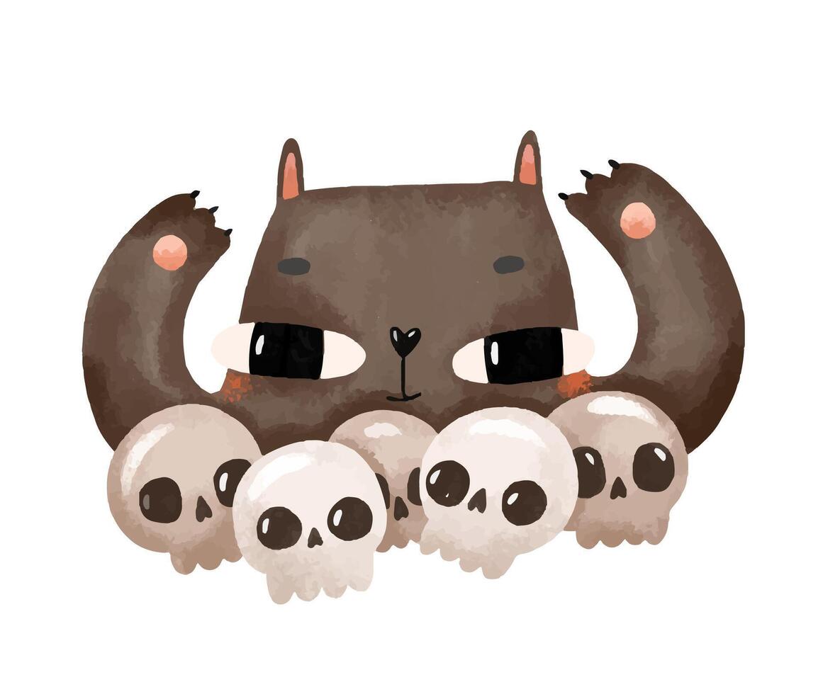 Set of portrait of black cats with human skull. Cartoon illustra vector