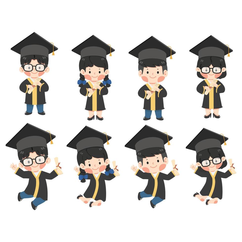 Kid girl student jump and feel happy because graduate vector