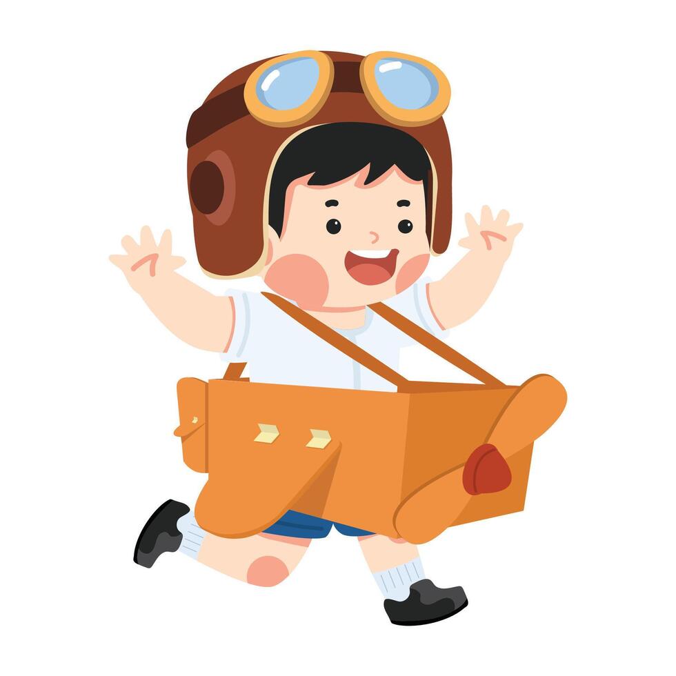 kid student boy plays with a cardboard plane vector
