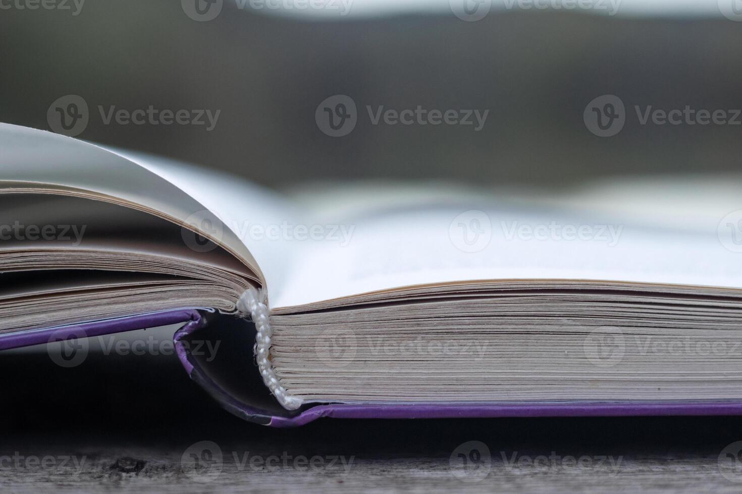 Pages of an open book on the wooden deck on the lake in the forest. Concept of reading, relaxing, meditating, education, visiting libraries, book exhibitions. Close up. Side view. Selective focus photo