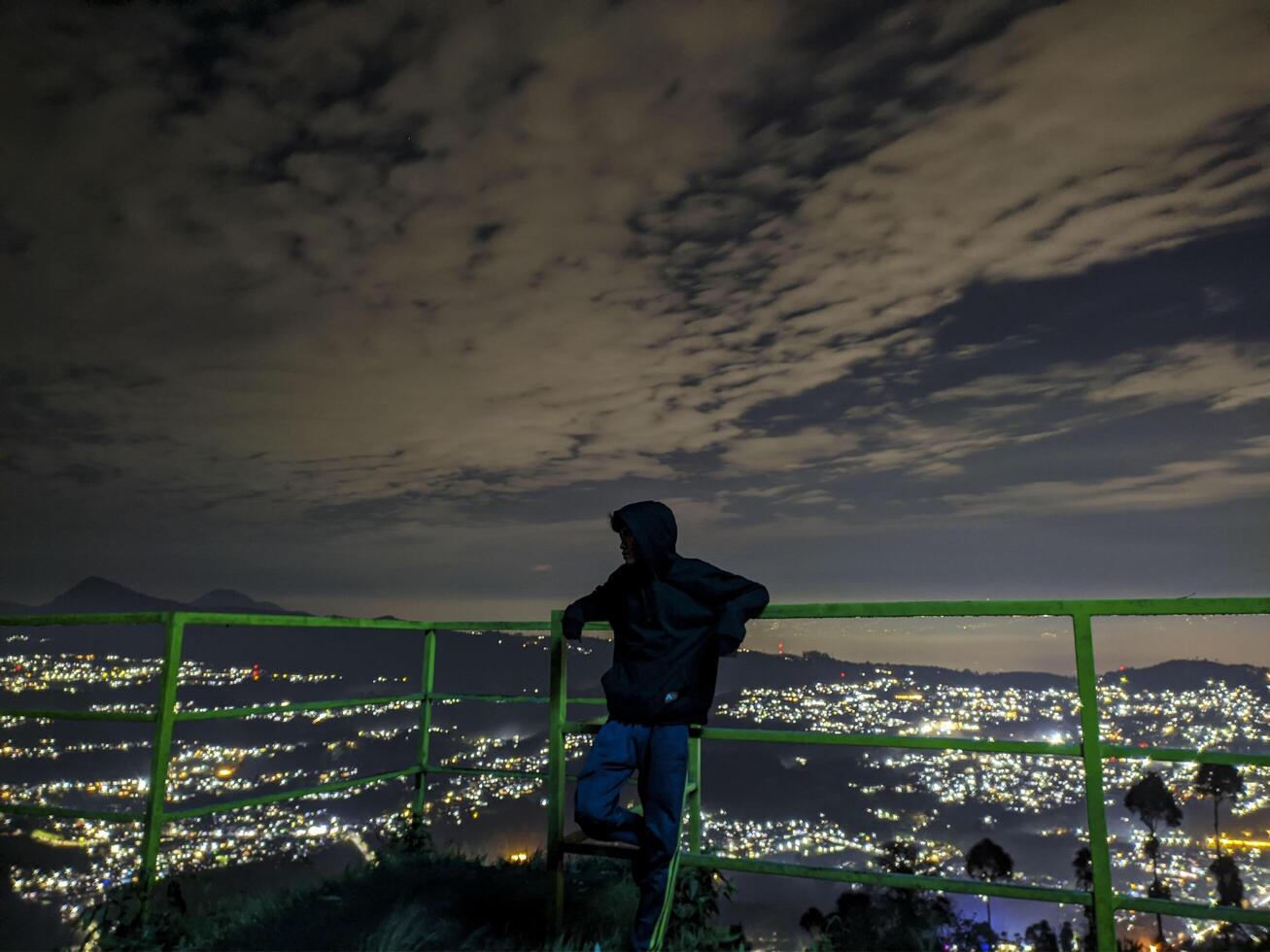 a person standing on a railing overlooking a city photo