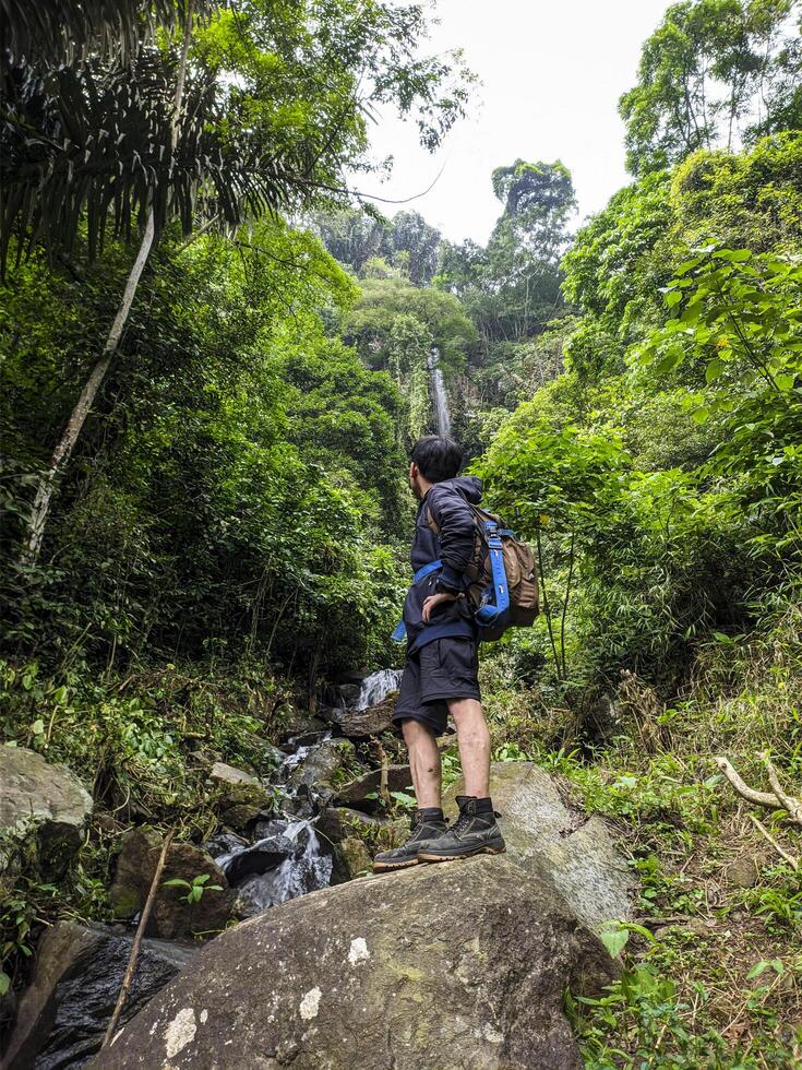 a man with a backpack standing on a rock in the jungle photo