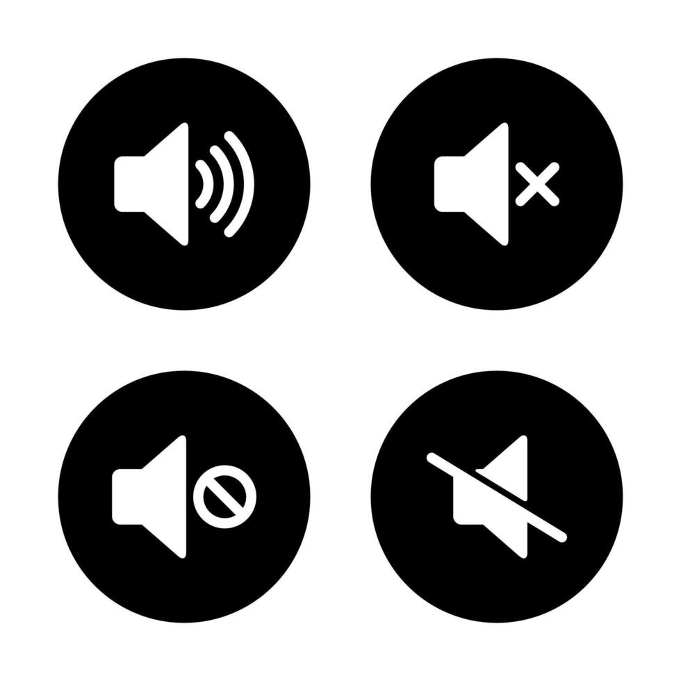 Speaker and volume off icon set on black circle. Sound level and volume off concept vector