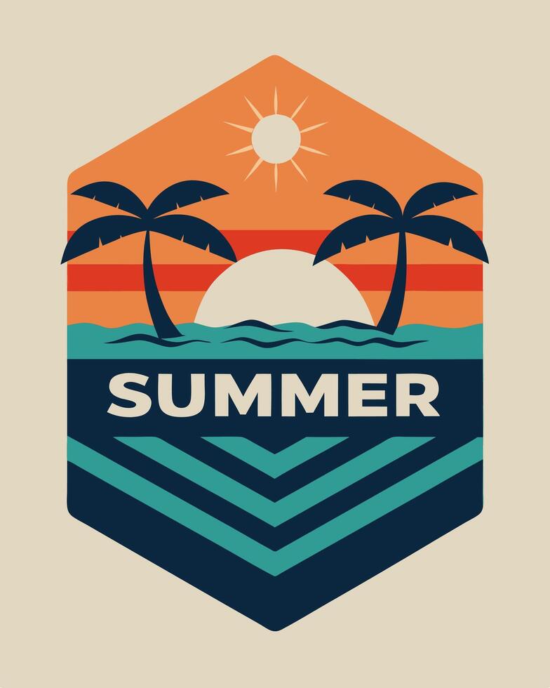 Summer Paradise vintage logo with palm and sunset for your logo, or tshirt design vector