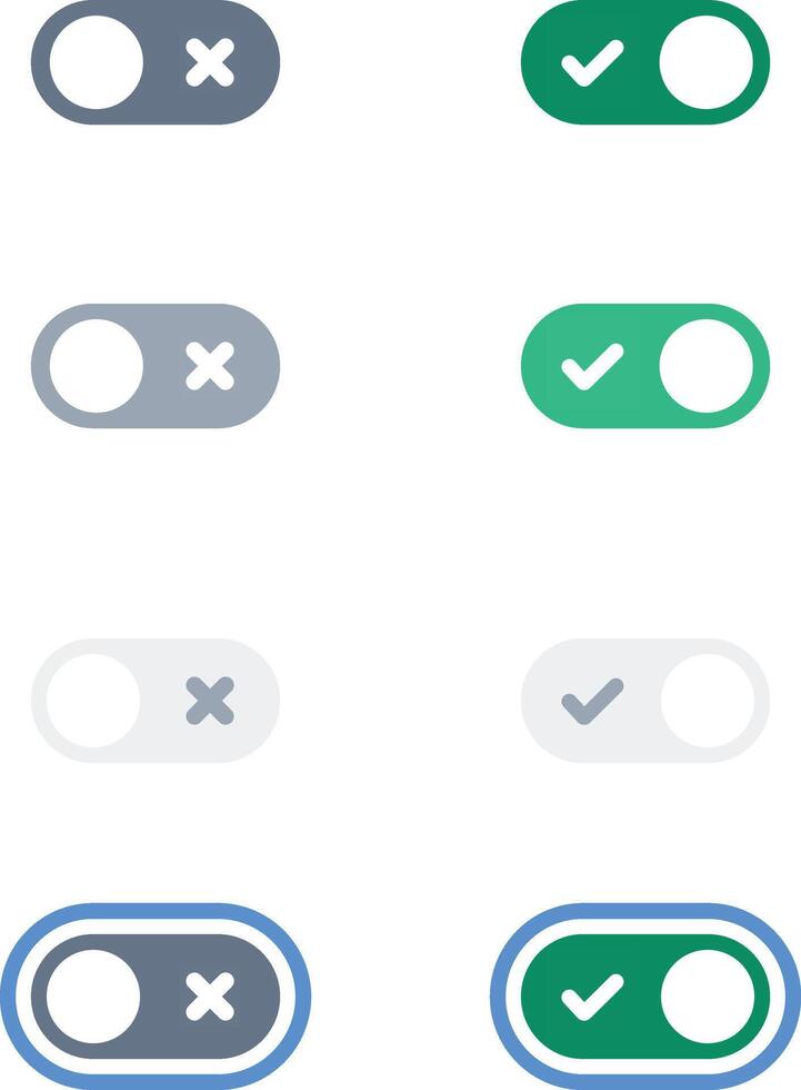 On and Off toggle switch buttons. Green active state and grey inactive state color button set for mobile app and social media. correct and wrong way with tick and cross. illustration vector