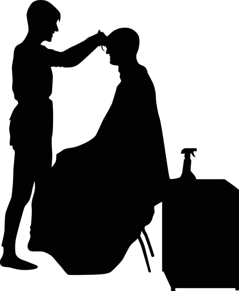 Barber silhouette full body illustration. Barber man do shaving to his customer. vector
