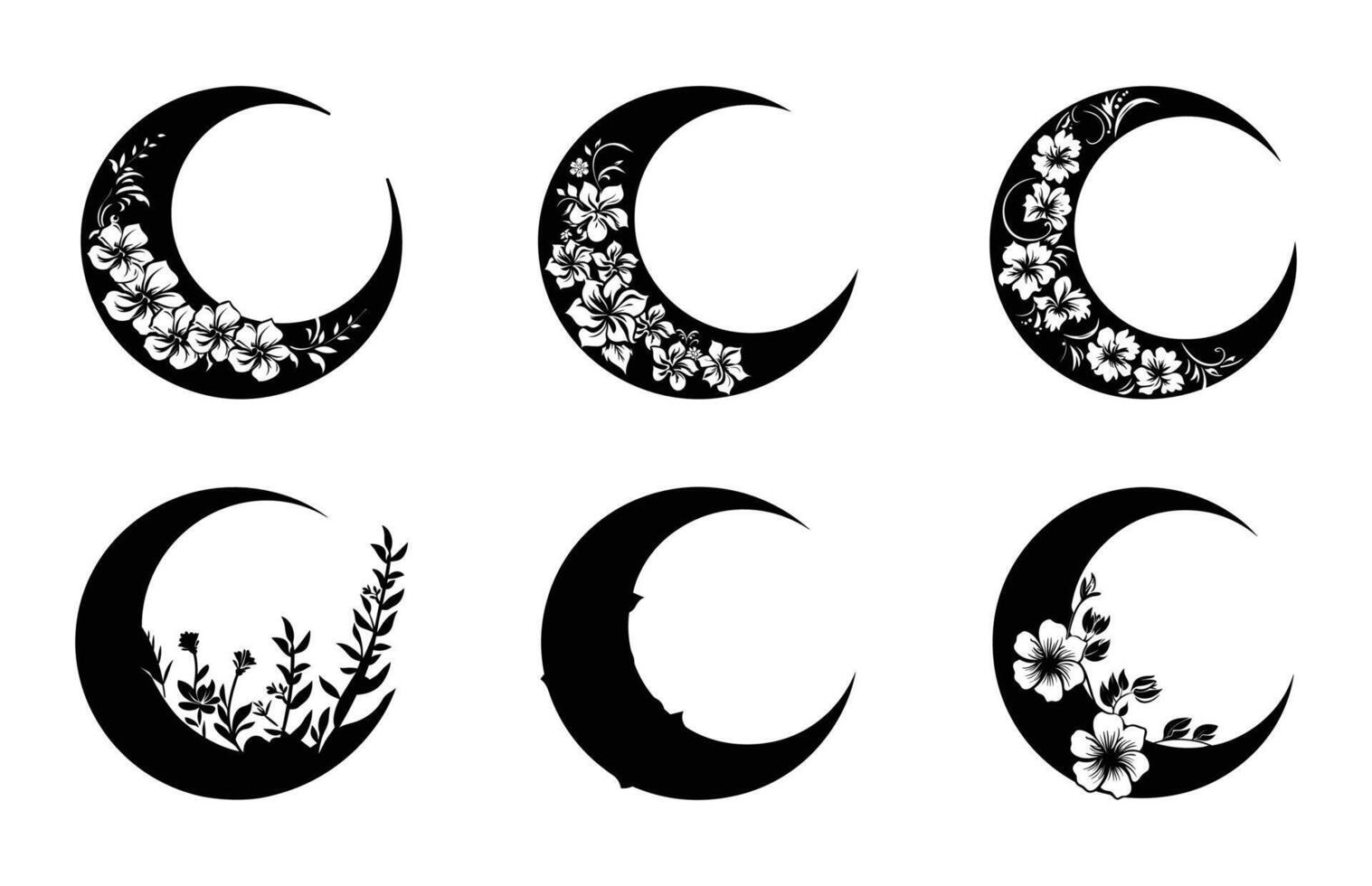 Crescent Moon Flower black Silhouette Clipart Set vector