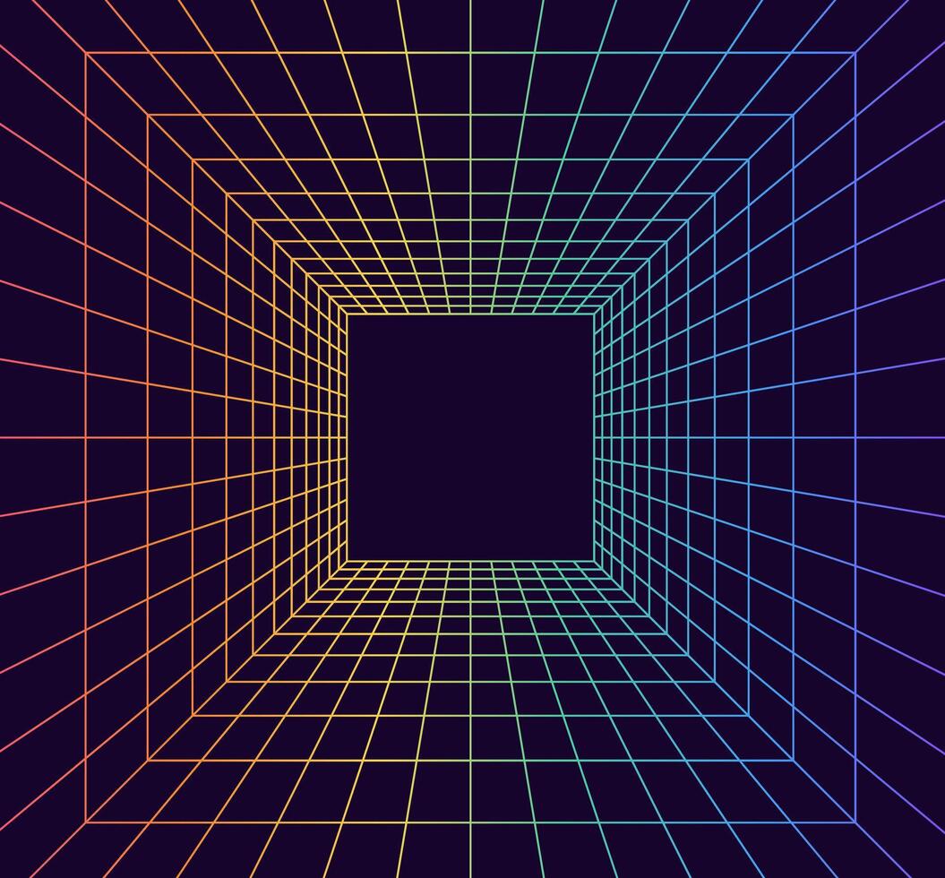 Grid room in perspective in 3d style. Indoor wireframe from rainbow laser beam, digital empty box. Abstract geometric design vector
