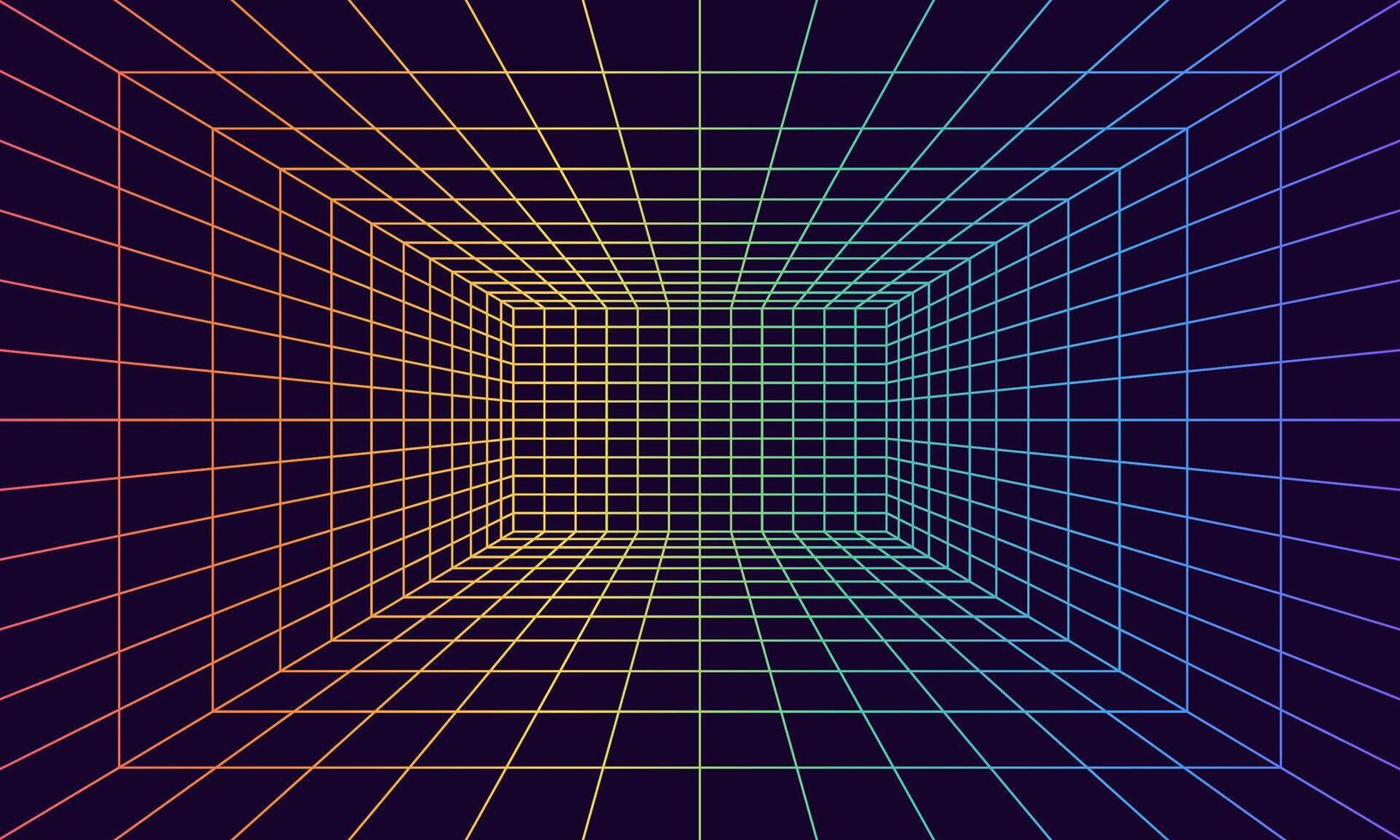 Grid room in perspective in 3d style. Indoor wireframe from rainbow laser beam, digital empty box. Abstract geometric design vector