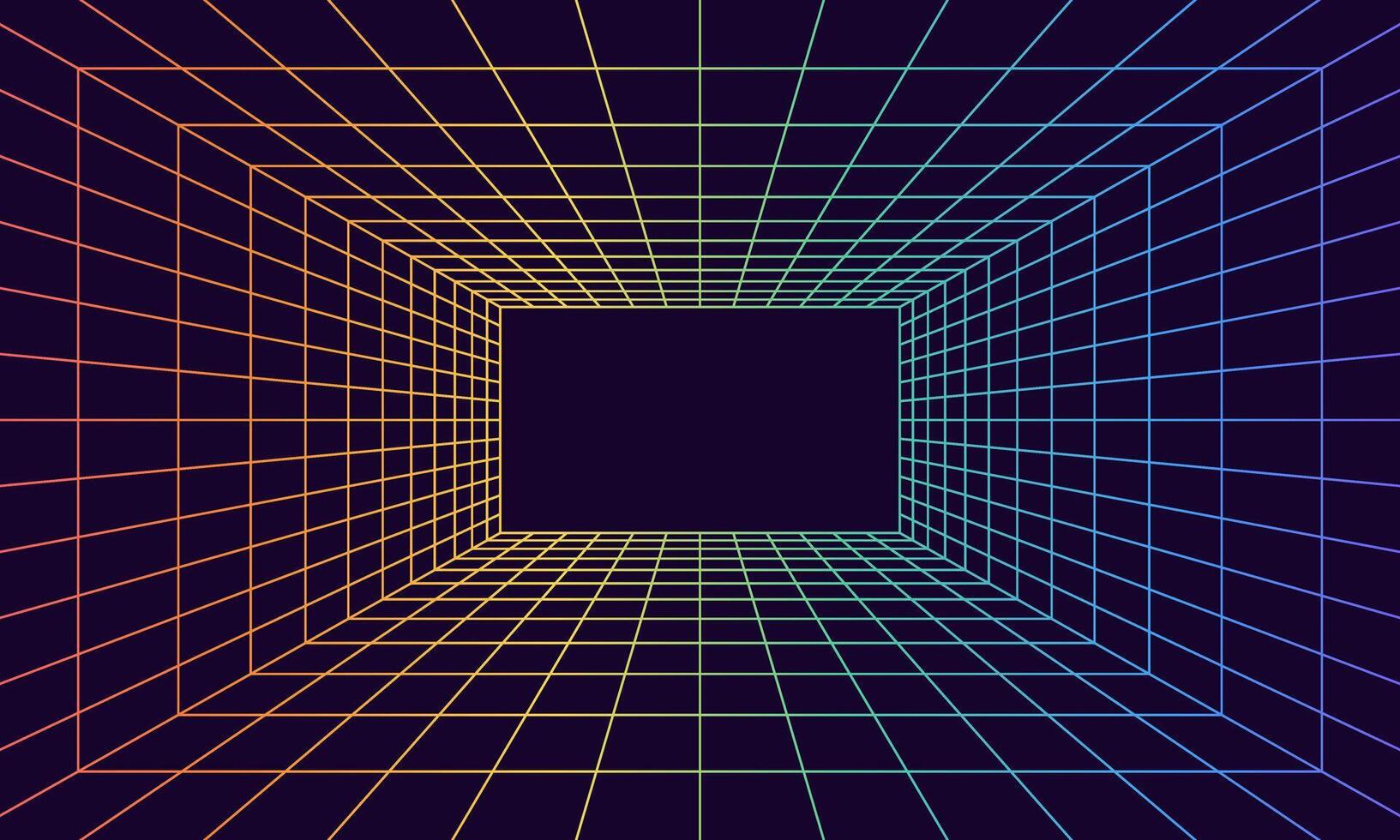 Grid room in perspective in 3d style. Indoor wireframe from rainbow laser beam, digital empty box. Abstract geometric design vector