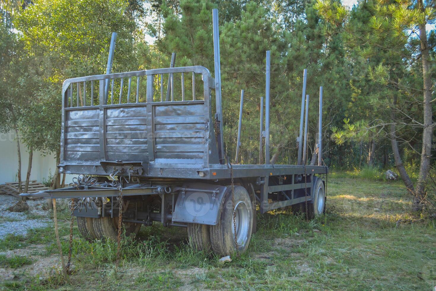 An empty timber truck stands in the middle of the forest. Forestry technologies - timber carrier for transporting logs. photo