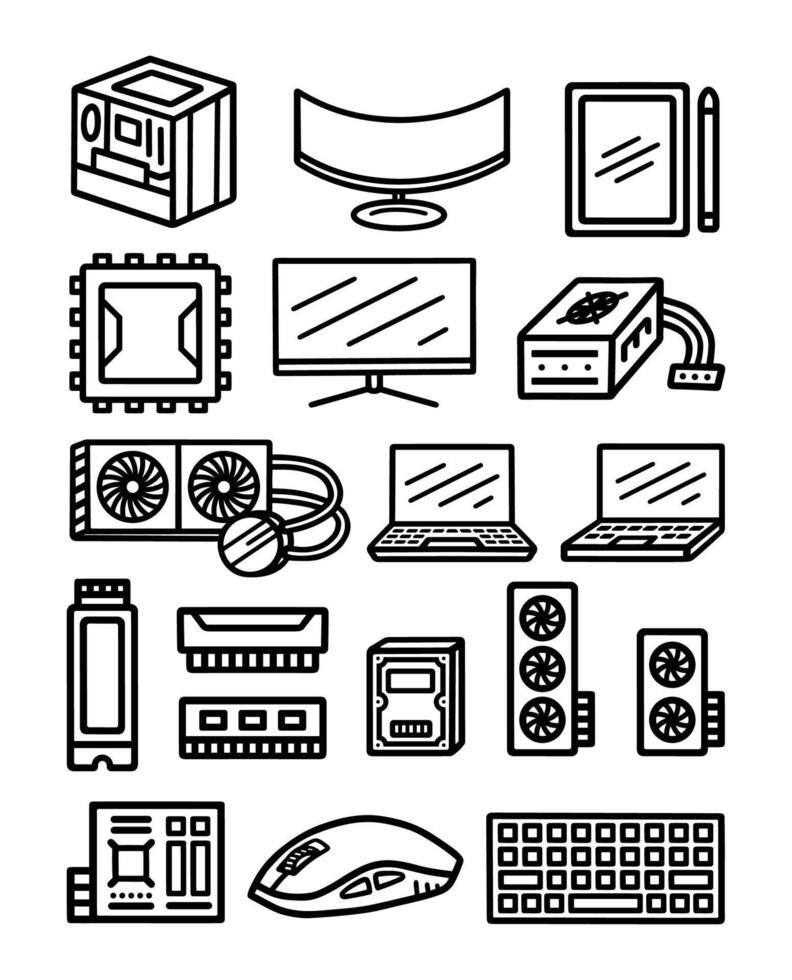 Set of Cartoon line art doodle of Computer and Tech related, Hand Drawn. vector