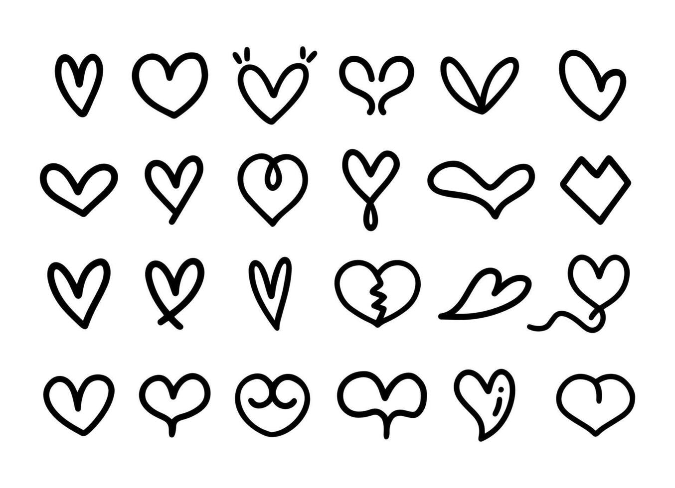 Set of Cartoon line art doodle of Heart, Hand Drawn. vector