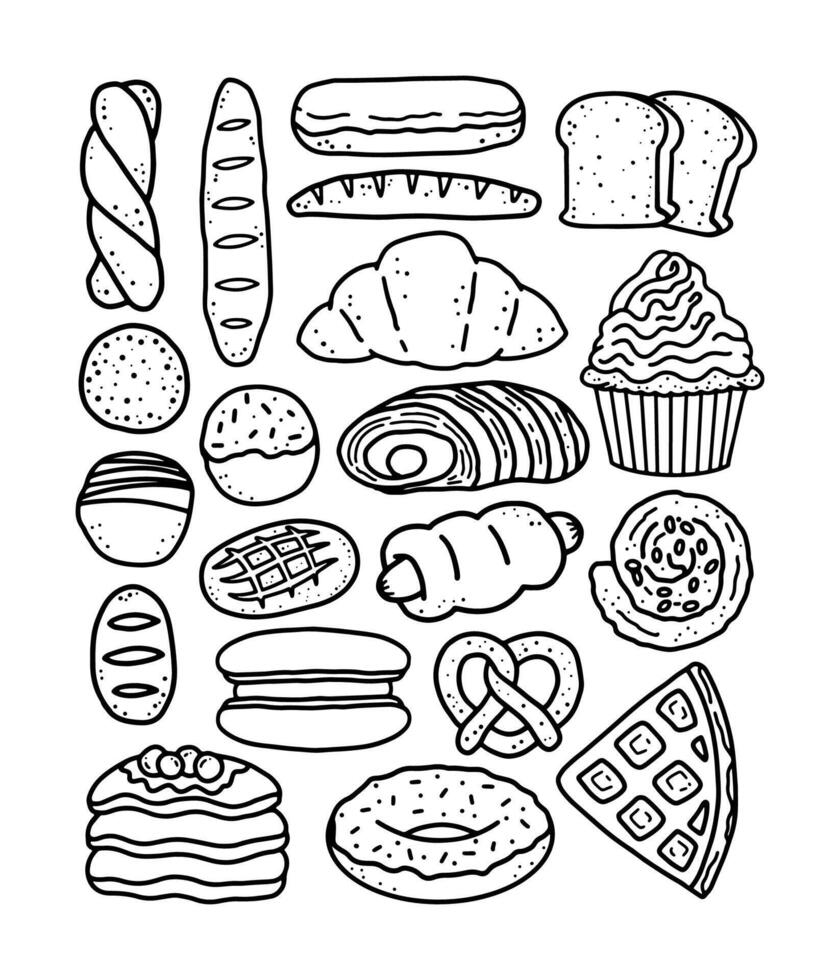 Set of Cartoon line art doodle of Bread and Bakery product, Hand Drawn. vector