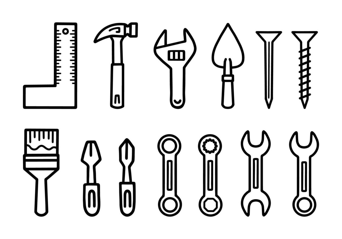 Set of Cartoon line art doodle of Tools, Hand Drawn. vector