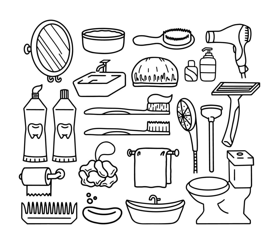 Set of Cartoon line art doodle of Bathroom equipment and appliances, Hand Drawn. vector