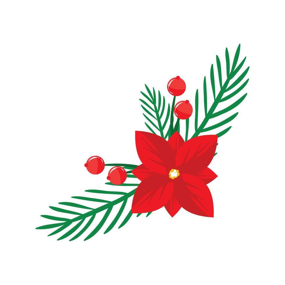 Hand drawn Christmas poinsettia with leaves isolated on white background vector
