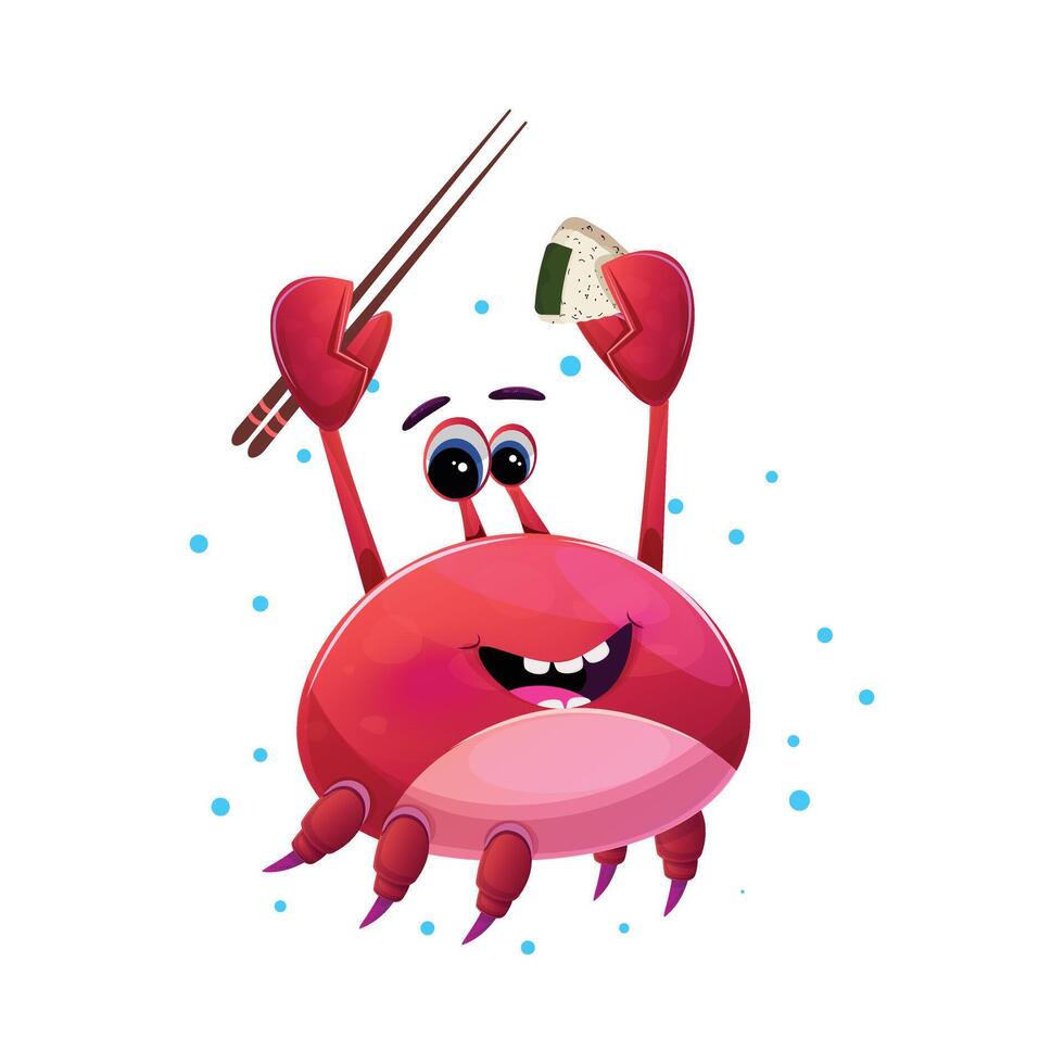 Cute red crab holding chopsticks and nigiri sushi vector