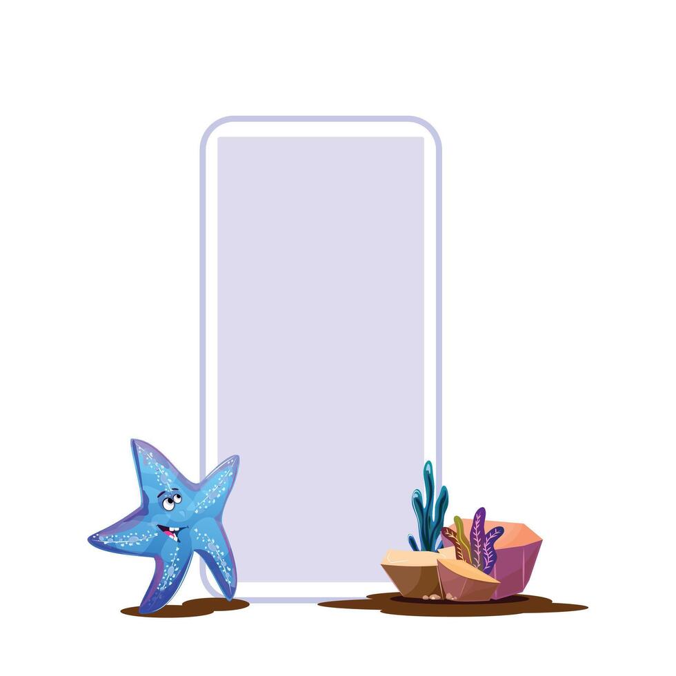 Blank banner for your own design, on the bottom standing a cute starfish and stones with seagrass vector