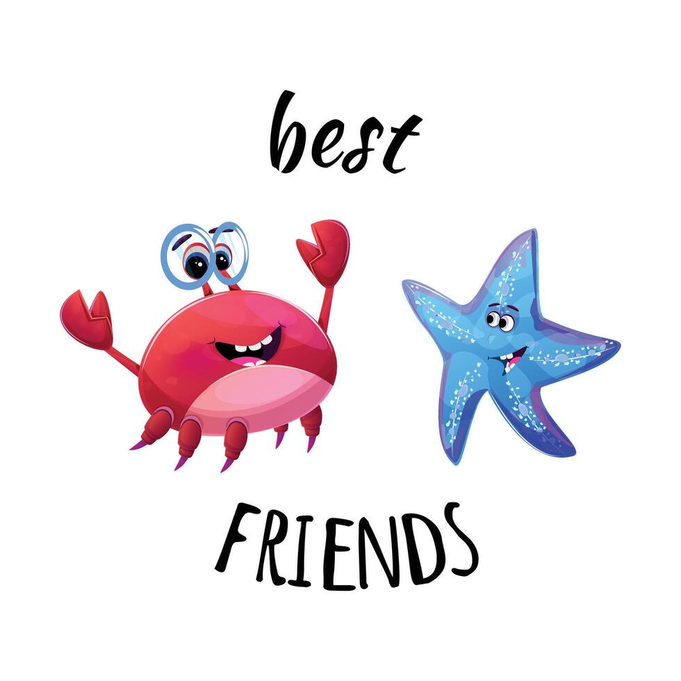 Cute crab wearing blue glasses and a friendly blue starfish. Text Best Friends highlights the heartwarming bond between these ocean buddies vector