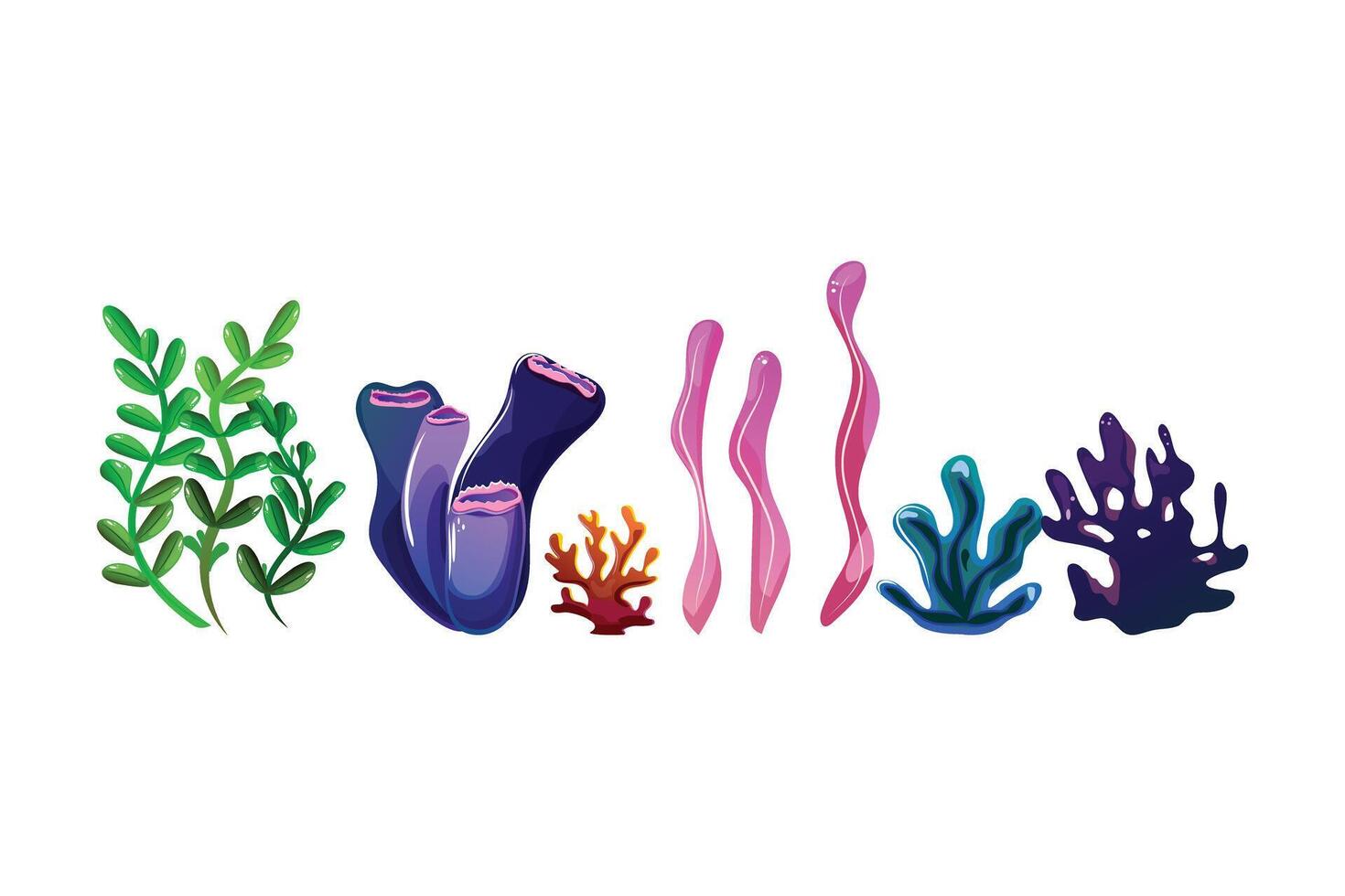 Seagrasses and corals in blue, purple, green, and pink hues. Ideal for enhancing marine-themed projects, posters and digital creations vector