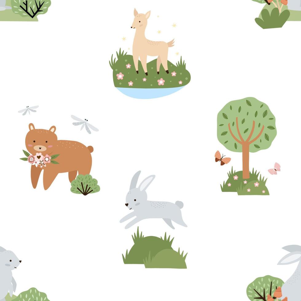 seamless forest pattern. Cute children's illustration with wild forest, bushes, grass and wild animals in trendy style with texture. vector