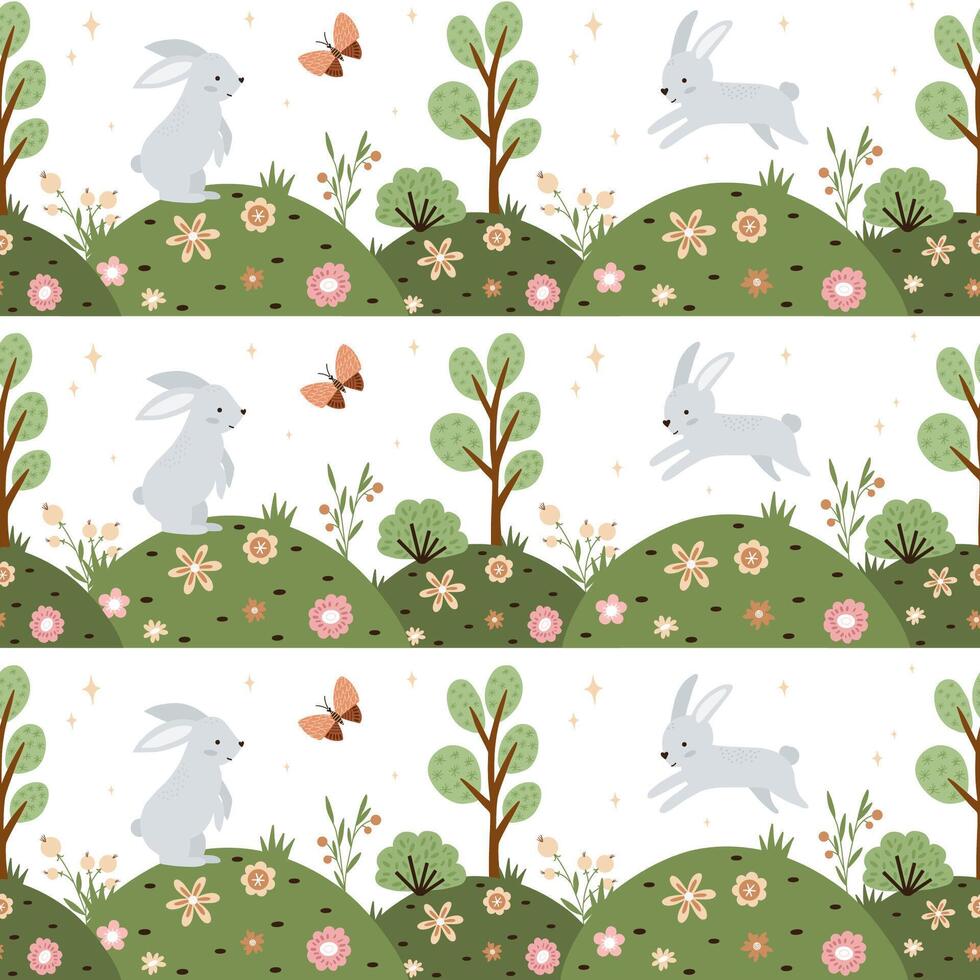 Seamless forest pattern. Cute children's illustration with wild forest, bushes, grass and wild hare in trendy style with texture. vector
