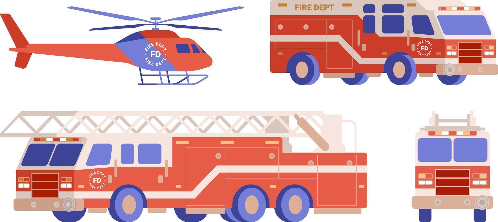 Fire department vehicle, truck and helicopter illustration. vector