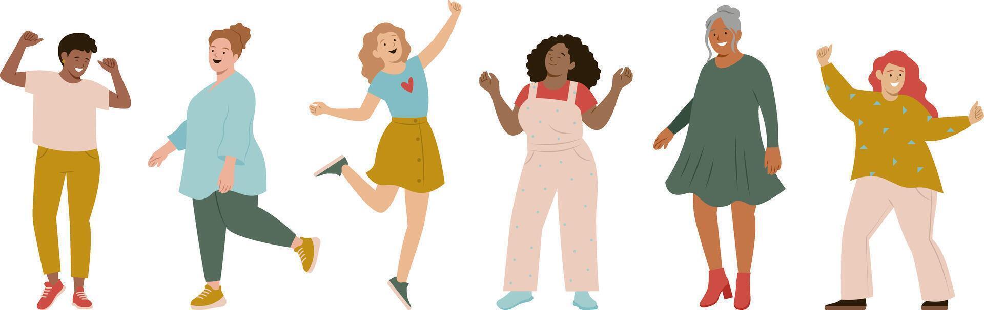 Happy dancing woman illustration set. vector