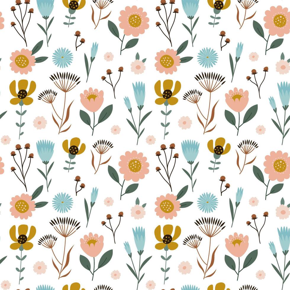 Cute wild flower seamless pattern on white background. vector
