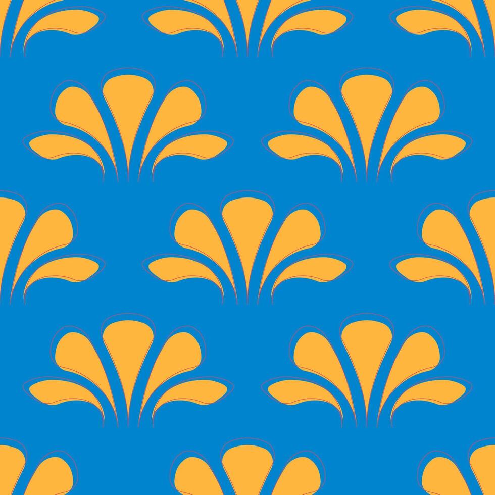 Yellow fantasy flowers are symmetrically arranged on a blue background forming a seamless pattern for wrapping paper, modern textiles. vector